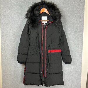 NVLT Black Red Med Maxi Long Puffer Coat Removable Faux Fur Hood Trim Drawstring